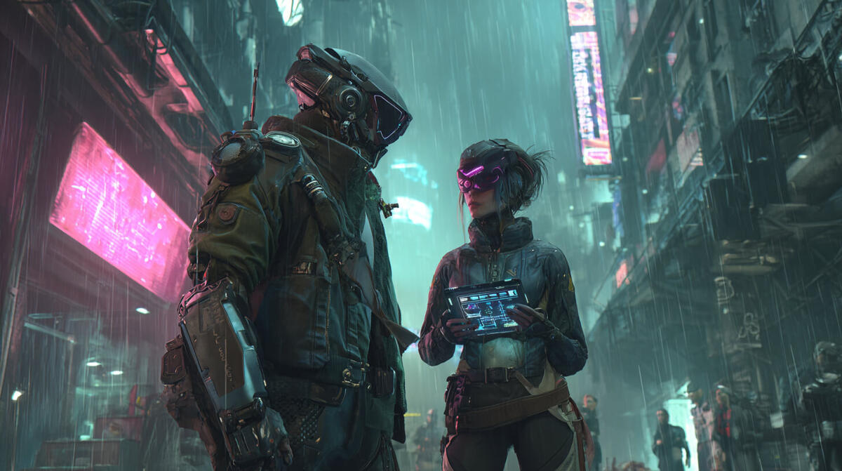 Protocolo Zero Absoluto – Campaña corta de rol online Ilustración futurista de dos personajes con equipo tecnológico en un entorno Cyberpunk. Imagen de la mini-campaña de rol online “Protocolo Zero Absoluto” de Roll&Story, una aventura de suspense y nanotecnología en Cyberpunk Red.