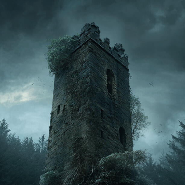 Nueva aventura en desarrollo – Próximamente disponible Ilustración de una torre en ruinas bajo un cielo tormentoso. Imagen de la partida de rol online “La Torre de los Ecos” de Roll&Story, un one-shot de fantasía para Dungeons & Dragons.